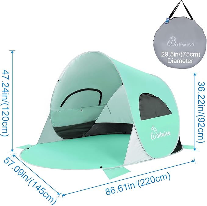 WolfWise UPF 50+ Easy Pop Up 3 Person Beach Tent Sport Umbrella Instant Sun Shelter Tent Sun Shade Canopy, Mint Green