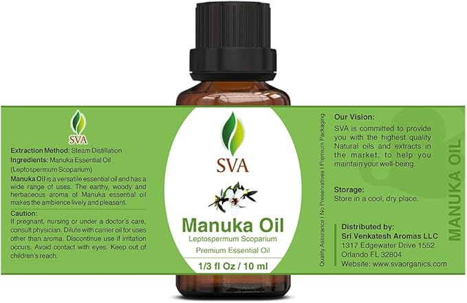 SVA Manuka Essential Oil – 1/3 Fl Oz – 100% Natural Manuka Oil - for Diffuser, Hair Care, Face, Skin Care, Aromatherapy, Scalp and Body Massage, Soap and Candle Making