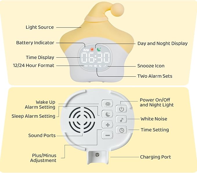 Star Alarm Clock with Night Light for Kids with Sleep Training and Sound Machine, Rechargeable Silicone Lamp OK to Wake Clock，Cute Animal Tabletop Lamp, Perfect Sleep Companion for Boys Girls, Yellow