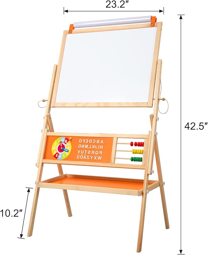 3-in-1 Wooden Easel for Kids, Toddle Double-Sided Easel with Magnetic Whiteboard and Painting Blackboard, 360° Rotatable, Paper-roll Holder, Storage Tray, and Stickers Included