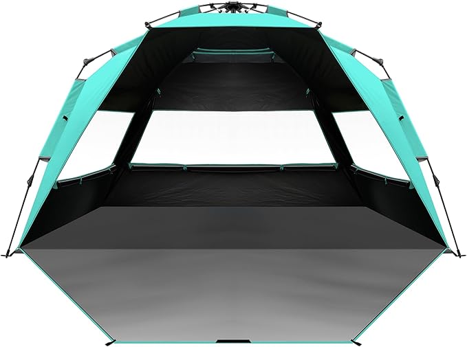 OutdoorMaster Beach Tent with Blackout Shelter Technology, Portable Beach Shade Sun Shelter Canopy for 4-6 Person with UPF 50+ UV Protection, Easy Setup Pop Up Tent Family Size