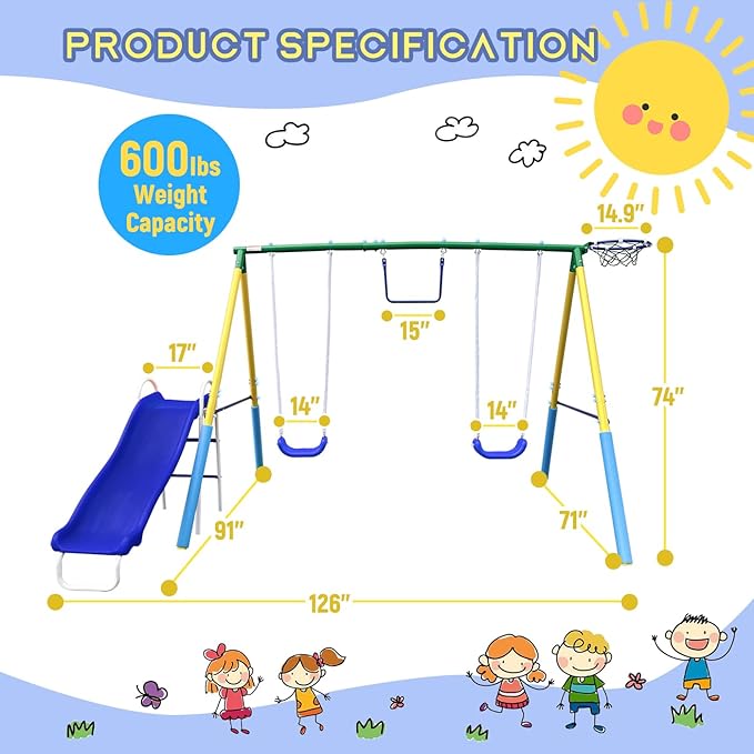 5-in-1 Swing Sets for Backyard for Kids 3-8, Tree Swings for Kids Outdoor with Slide, Basketball Hoop, Two Swing Seats and Gymnastics Rings