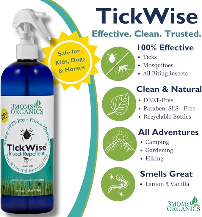 3 Moms Organics TickWise | 16oz Extra Strength, DEET- Free, Tick and Insect Repellent | Plant Based Essential Oils and All Natural Ingredients | Safe for Kids, Adults, Dogs and Horses