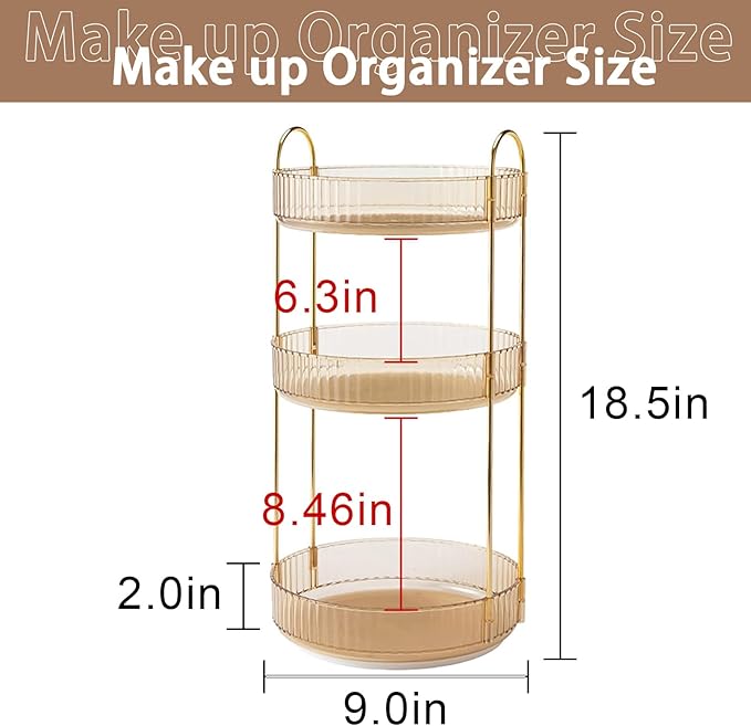 Rotating Makeup Organizer for Vanity, High-Capacity Skincare Clear Make Up Storage Perfume Organizers Cosmetic Dresser Organizer Countertop 360 Spinning (Gold, 3 Tier)