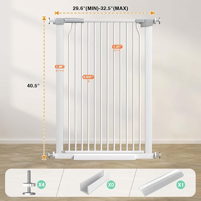 40.5" Extra Tall Baby Gate for Stairs No Drill, 29.6"-32.5" Narrow Wide Dog Gate Indoor, Pressure Mounted Safety Child Gate, Cat Doggie Pet Gate for House Doorways Walk Through, White