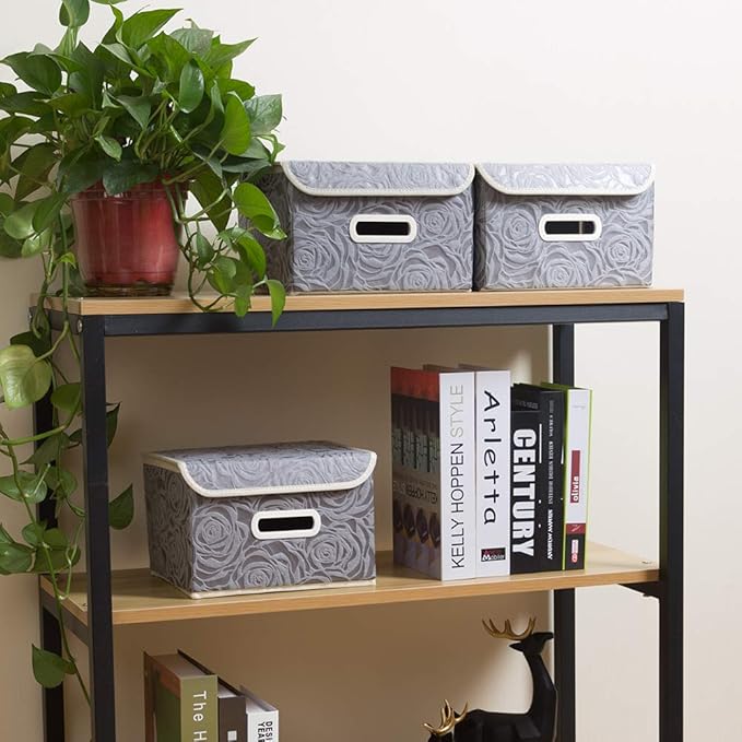 PRANDOM Collapsible Storage Boxes with Lids Fabric Decorative Storage Bins Cubes Organizer Containers Baskets with Cover Handles Divider for Bedroom Closet Living Room 9.8x7.9x6.7 Inch 3 Pack