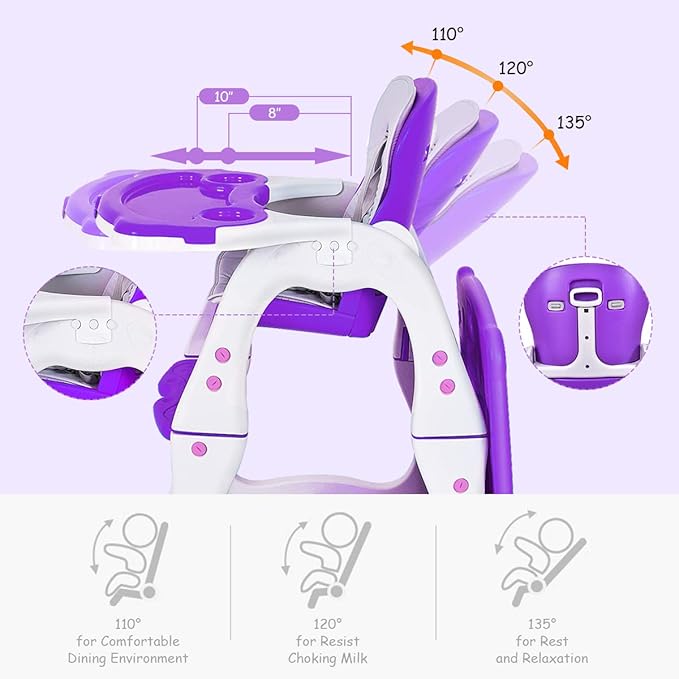 Costzon Baby High Chair, 3 in 1 Infant Table and Chair Set, Convertible Booster Seat with 3-Position Adjustable Feeding Tray, Adjustable Seat Back, 5-Point Harness (Purple)