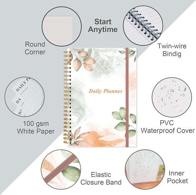 Daily Planner Undated - A5 To Do List Notebook Hourly Schedules, Spiral Appointment Planner for Women and Men, PVC Hardcover, Inner Pocket, Elastic Closure, 5.8" x 8.3", Rose Leaf