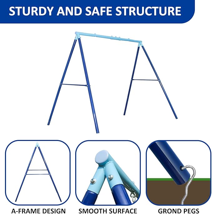 2 Seat Swing Set for Backyard - Metal A-Frame Holds 440 lbs, 1 Adjustable Saucer Swing and 1 u-Shape Swing - Suitable for Kids 3-8 Years