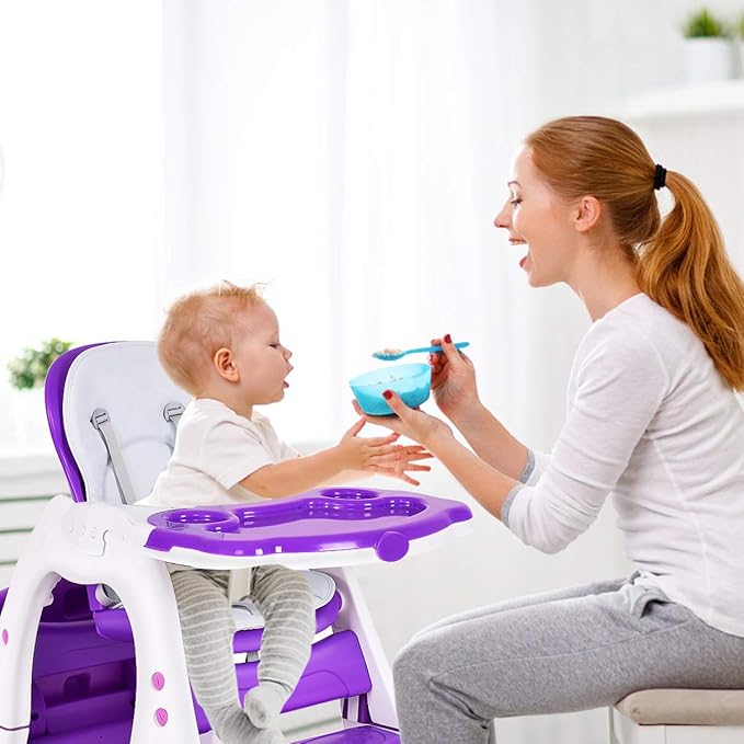 Costzon Baby High Chair, 3 in 1 Infant Table and Chair Set, Convertible Booster Seat with 3-Position Adjustable Feeding Tray, Adjustable Seat Back, 5-Point Harness (Purple)