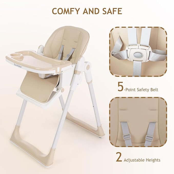 3 in 1 Baby High Chair with Wheels, Adjustable 5 Point Harness, Tray, Foot Rest, Backrest and Seat Height, Foldable High Chair for Toddlers, Beige