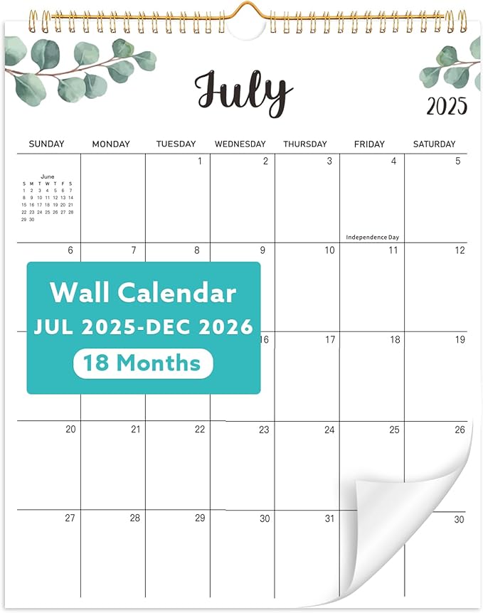 Wall Calendar 2025-2026, 18 Month Calendar from July 2025 to December 2026 14.5" x 11.8" Large Desk Calendar with Twin-Wire Binding for Home Office Planning Personal Organisers, Green Leaf
