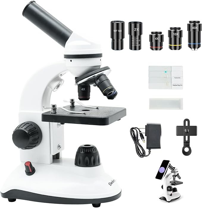 Microscope for Kids Starter Adults 64X-1280X Metal Monocular Microscope for Students School Home Education LED Lights Phone Holder Microscope Kit