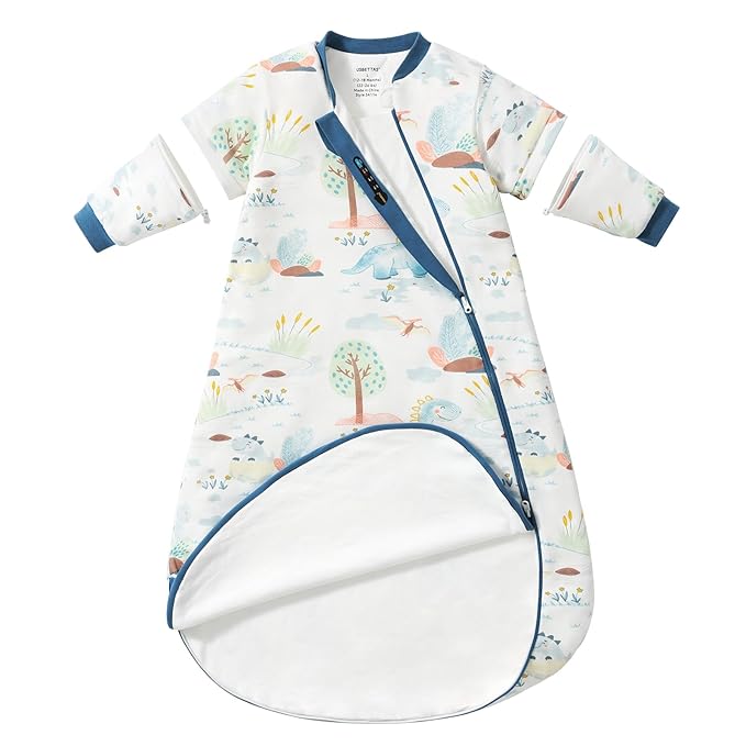 Baby Sleep Sack 18-24 Months, Cotton Detachable Long Sleeve Sleep Sack, 1.0 Tog Toddler Sleeping Sack with Temperature Strips, 2-Way Zipper Wearable Blankets for Newborns, Dinosaur