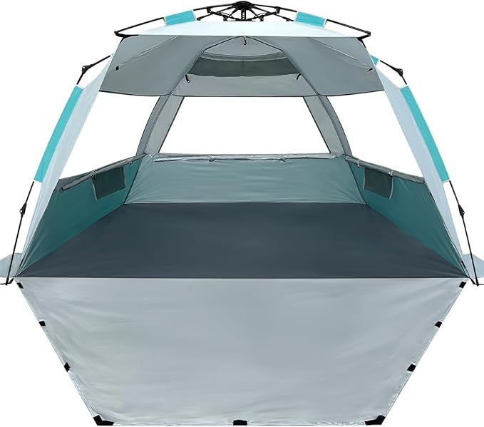 WhiteFang Deluxe Pop Up Beach Tent Sun Shade Shelter for 3-4/5-6 Person, UV Protection, Extendable Floor with 3 Ventilating Windows Plus Carrying Bag, Stakes, and Guy Lines