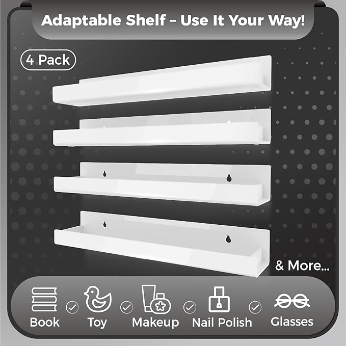 4 Pack 15 Inch Whtie Acrylic Shelves, Kids Floating Bookshelf for Kids Room, Modern Nail Polish Rack Sunglasses Essential Oil Picture Ledge Display Toy Storage Wall Shelf