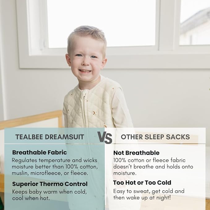 Tealbee Dreamsuit: Toddler Sleep Sack with Feet 2T-3T - 1.2 TOG All Season Baby Wearable Blanket for Walkers - Rayon made from Bamboo, Organic Cotton Sleep Bag - Moons Stars