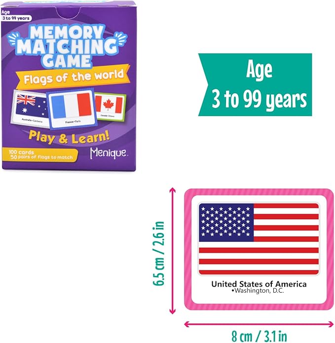 Menique Flags of The World Memory Matching Game – 100 Cards, 50 Countries to Match – Educational & Fun for Kids and Adults – Color-Coded by Continent – Learn Flags, Capitals, and Geography