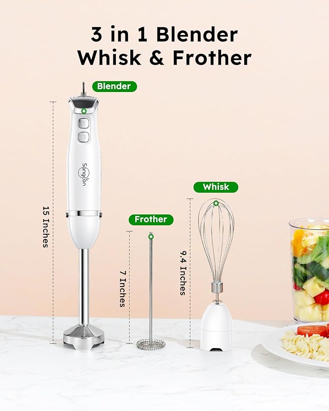 Sangcon Immersion Blender Handheld, 3-in-1 Hand Blender Electric, 400W Handheld Blender, Stainless Steel Blade Stick Blender with Whisk, Milk Frother Attachments - White
