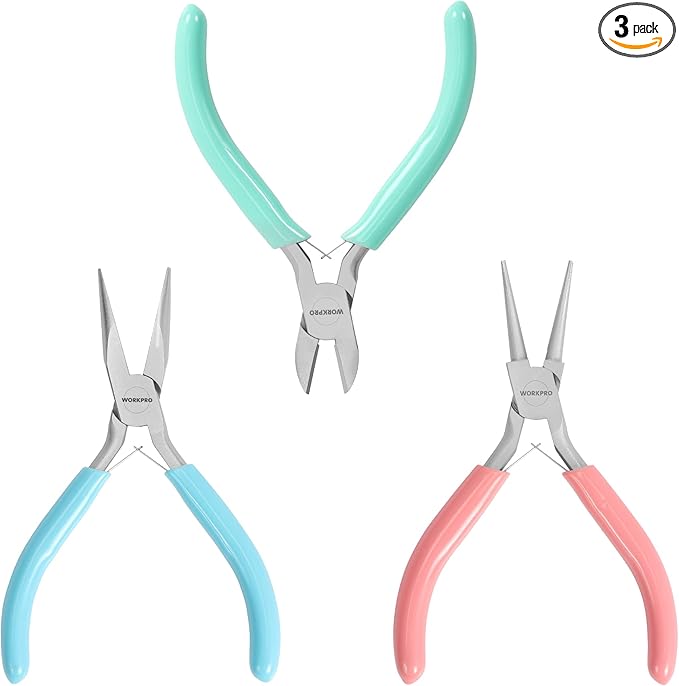 WORKPRO Jewelry Pliers Set, 3 Pack Jewelry Making Tool Kit Includes Mini Needle Nose Plier/Chain Nose Plier, Round Nose Plier and Wire Cutter for Jewelry Repair, DIY Crafts, Jewelry Making Supplies