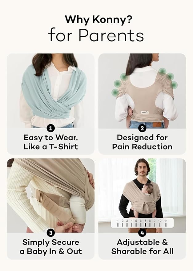 Konny Baby Carrier Flex SoftBreeze with Head Support - Adjustable, Easy to Wear Baby Wrap Sling, Perfect for Newborn Babies Essentials up to 44 lbs (M-4XL) - Khaki Grey