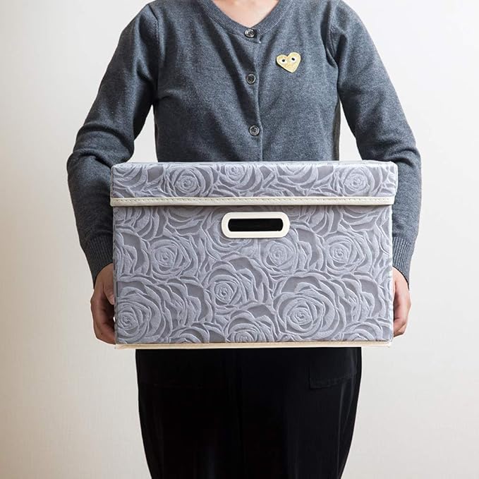 PRANDOM Collapsible Storage Boxes with Lids Fabric Decorative Storage Bins Cubes Organizer Containers Baskets with Cover Handles Divider for Bedroom Closet Living Room 14.9x9.8x9.8 Inch 3 Pack