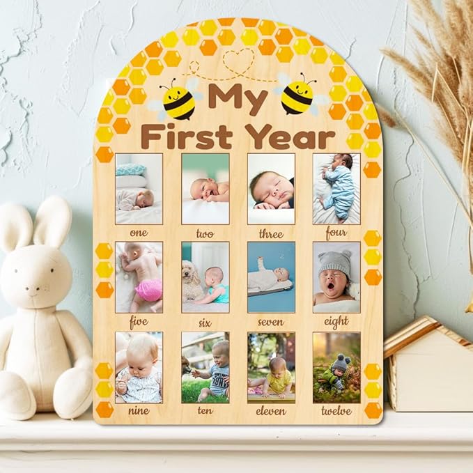 ORIGACH My First Year Baby Growth Photo Display Wood Board - 12 Months Newborn Milestones Photo Board - Neutral Baby Keepsake Board 1st Birthday Party Nursery Decor New Mom Gift - Bee