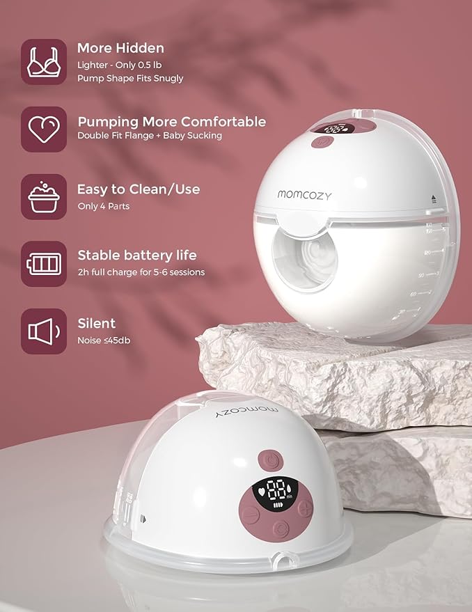 Momcozy M5 Hands-Free Wearable Breast Pump, Double-Sealed Flange for Baby-Like Comfort, 3 Modes & 9 Suction Levels, Portable Electric Pump – 24mm, 2-Pack Cozy Red
