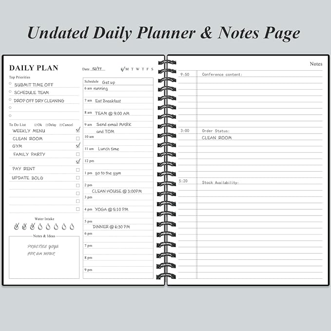 Daily Planner Undated - B5 To Do List Notebook Hourly Schedules, Spiral Appointment Planner for Women and Men, PVC Hardcover, Inner Pocket, Elastic Closure, 7" x 10", Black