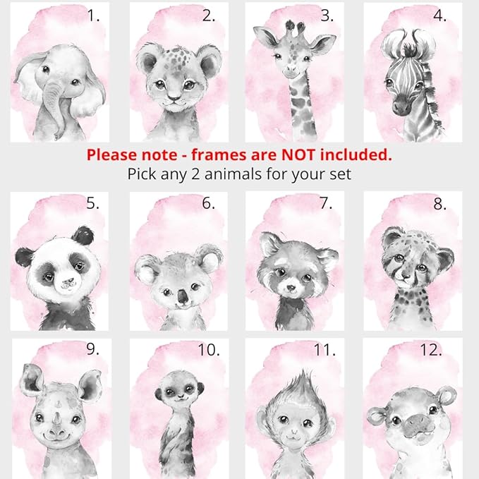 Safari Animals Set of 6 Unframed Poster Prints for Baby Girls Nursery Bedroom Playroom, Personalized Name, Choice of 12 Animals, Pink Purple (12x16)