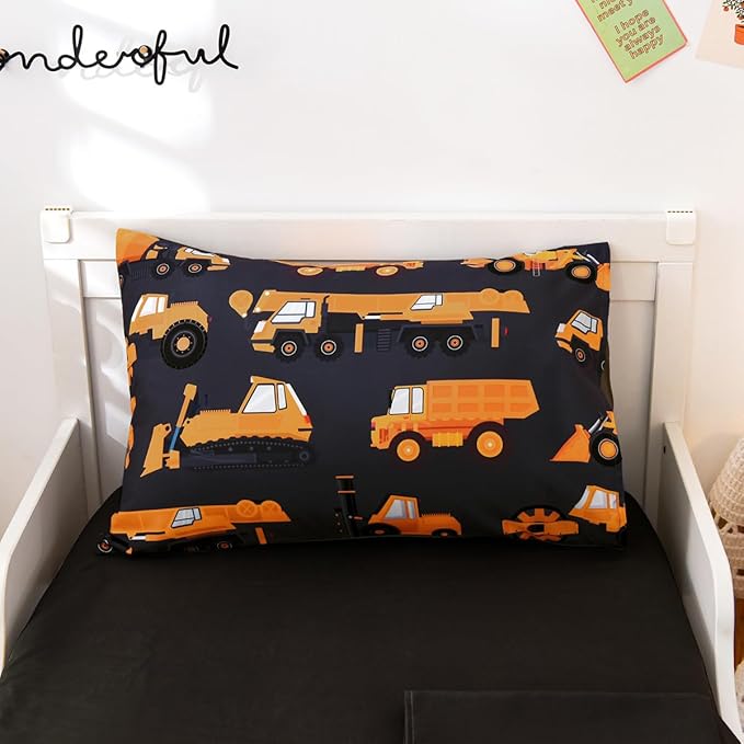 NTBED 4 Pieces Construction Toddler Bedding Set for Baby Boys, Truck Vehicles Excavator Cars Printed, Includes Comforter, Flat Sheet, Fitted Sheet and Pillowcase,Black