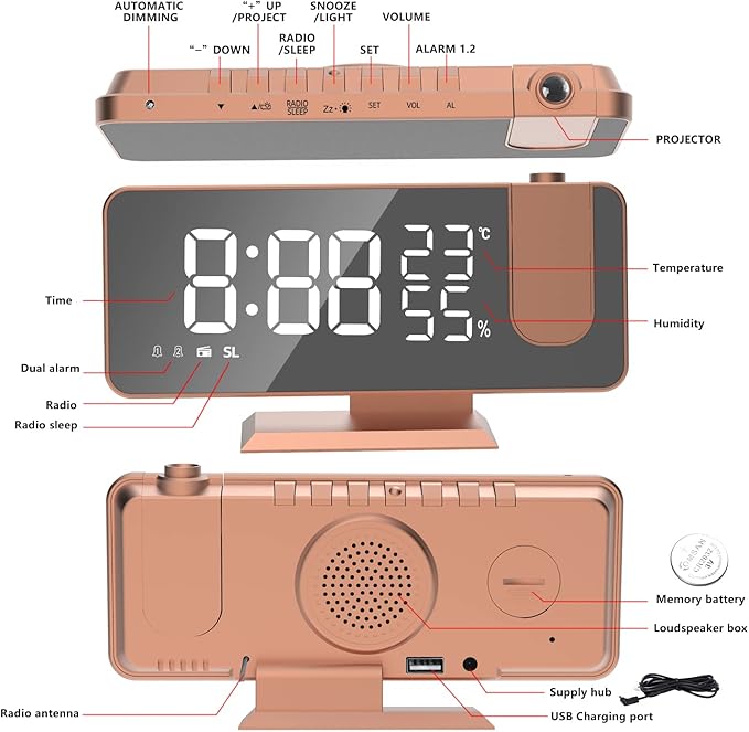 Projection Digital Alarm Clock for Bedrooms, Alarm Clock Radio on Ceiling, USB Charger Port, Temperature & Humidity Display, 7.3” Large Mirror LED Display,12/24H,Snooze,Dual Loud Clock- 4 Dimmer