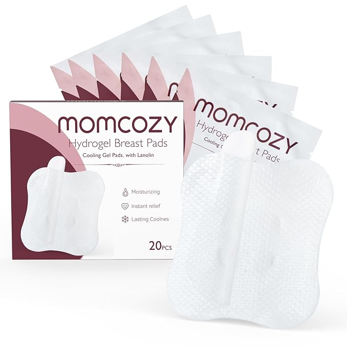 Momcozy Hydrogel Nipple Pads with Soothing Lanolin, Soothies Gel Nursing Pads Provide Instant Cooling Relief, Breastfeeding Essentials, 20 PCS
