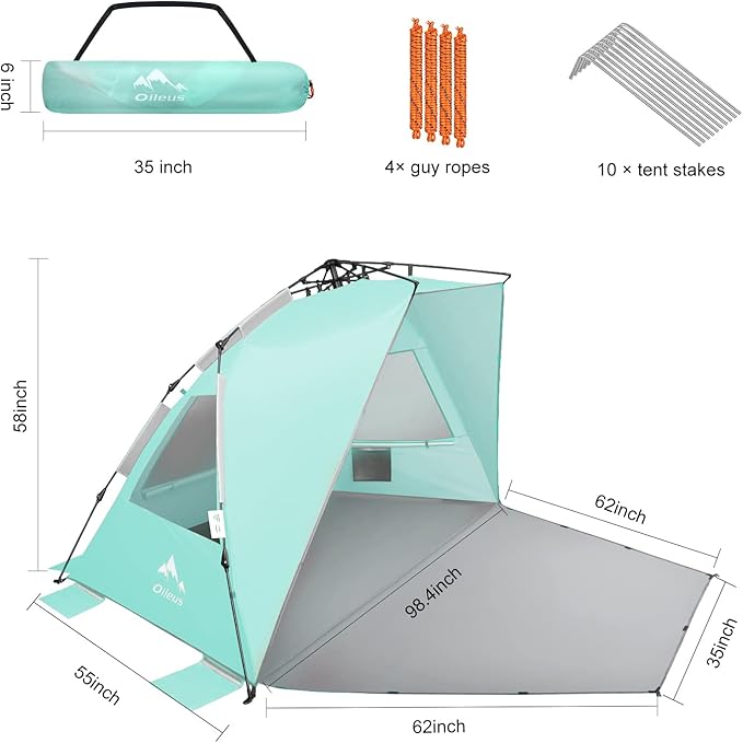 Oileus XX-Large Pop Up Beach Tent Sun Shelter for 5-6 Person Portable Sun Shade Instant Tent for Beach with Carrying Bag, Stakes, 6 Sand Pockets, Anti UV for Fishing Hiking Camping Light Green