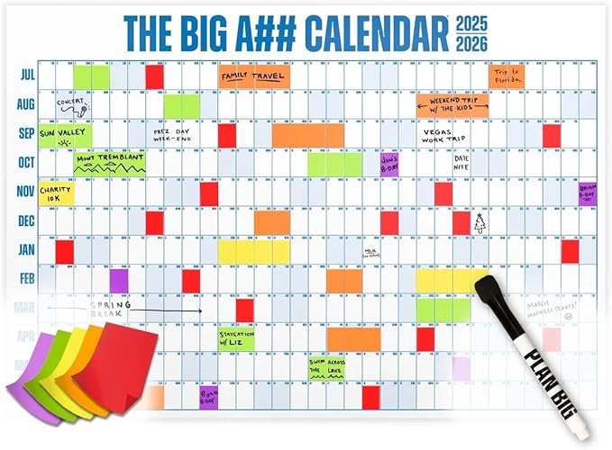 The Big A## Calendar Mid-Year Wall Planner – July to June Dry-Erase Board – Includes 1 Marker & 100 Labels – Lightweight, Easy to Hang Yearly Planner – Plan Goals & Adventures – Blue, 4’x3’