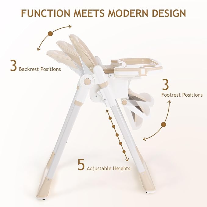 3 in 1 Baby High Chair with Wheels, Adjustable 5 Point Harness, Tray, Foot Rest, Backrest and Seat Height, Foldable High Chair for Toddlers, Beige