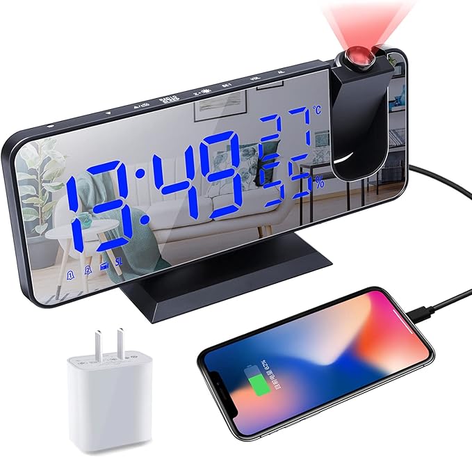 Projection Digital Alarm Clock for Bedrooms,Alarm Clock Radio on Ceiling, USB Charger Port, Temperature & Humidity Display, 7.3” Large Mirror LED Display,12/24H,Snooze,Dual Loud Clock- 4 Dimmer