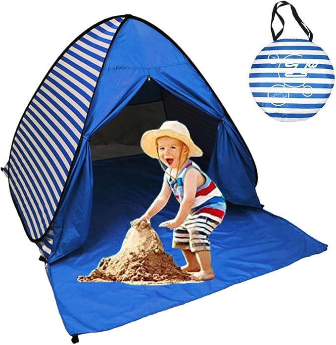 Pop Up Beach Tent Shade Sun Shelter UPF 50+ Canopy Cabana 2-3 Person for Adults Baby Kids Outdoor Activities Camping Fishing Hiking Picnic Touring(Dark Blue Stripes)