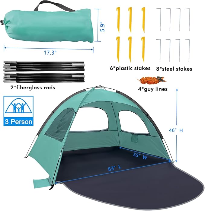WhiteFang Beach Tent Anti-UV Portable Sun Shade Shelter for 3/4/6/8 Person, Extendable Floor with 3 Ventilating Mesh Windows Plus Carrying Bag, Stakes and Guy Lines