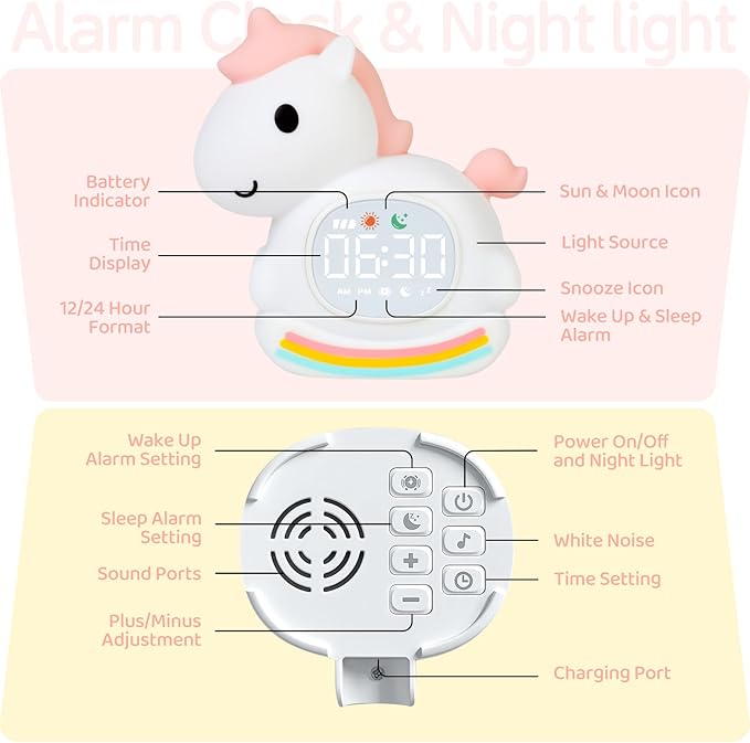 Cute Alarm Clock for Kids with Night Light, Sleep Training Clock Time to Wake Clock, Rechargeable Silicone Light for Bedroom, Perfect Sleep Companion for Boys Girls, Pink Pony
