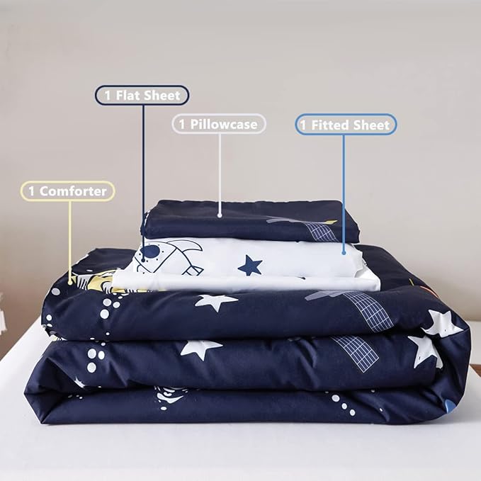 PERFEMET Twin Comforter Set 4 Piece Kids Space Rockets Comforter Bed in A Bag Soft Reversible Dark Blue Outer Space Themed Bed Set(Dark Blue, Planet/Rocket)