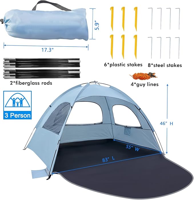 WhiteFang Beach Tent Anti-UV Portable Sun Shade Shelter for 3/4/6/8 Person, Extendable Floor with 3 Ventilating Mesh Windows Plus Carrying Bag, Stakes and Guy Lines