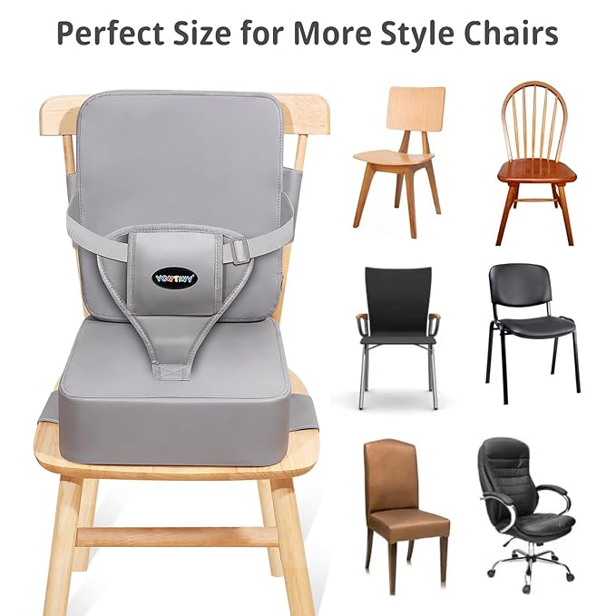Toddler Booster Seat for Kitchen Chair, 2-in-1 Dining Table Booster Seat with Backrest & Adjustable Straps – Easy-Clean, PU Portable Toddler Eating Travel Increasing Cushion-Light Grey