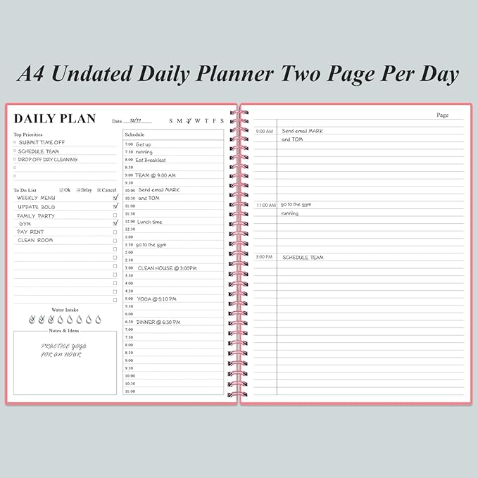Daily Planner Undated - A4 To Do List Notebook Hourly Schedules, Spiral Appointment Planner for Women and Men,PVC Hardcover, Inner Pocket, Elastic Closure, 8.5" x 11", Pink