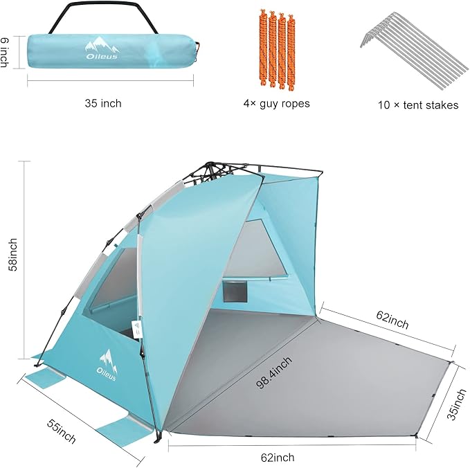 Oileus XX-Large Pop Up Beach Tent Sun Shelter for 5-6 Person Portable Sun Shade Instant Tent for Beach with Carrying Bag, Stakes, 6 Sand Pockets, Anti UV for Fishing Hiking Camping Sky Blue