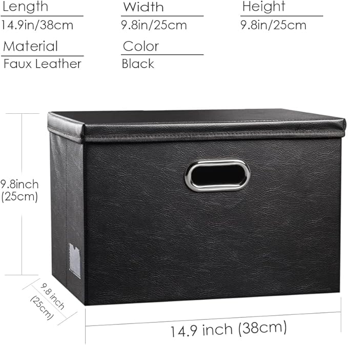 PRANDOM Collapsible Storage Bins with Lids [3-Pack] Leather Fabric Foldable Storage Boxes Organizer Containers Baskets Cube with Cover for Bedroom Closet Office Nursery Black (14.9x10.8x10)