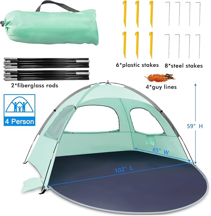 NXONE Beach Tent Sun Shade Shelter for 3/4/6 Person Person with UV Protection, Extended Floor, 3 Mesh Roll Up Windows & 8.0/8.5mm Fiberglass Rods丨Carry Bag Included