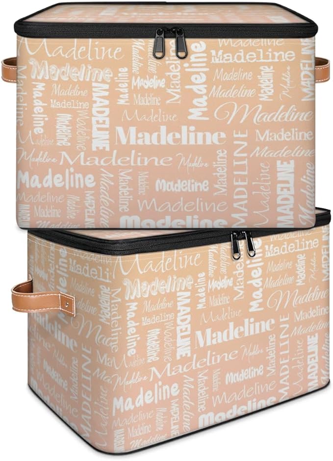 Custom Storage Basket with Name, Personalized Storage Bins with Zipper Lid, Foldable Fabric Storage Box Large capacity with Handle Apricot