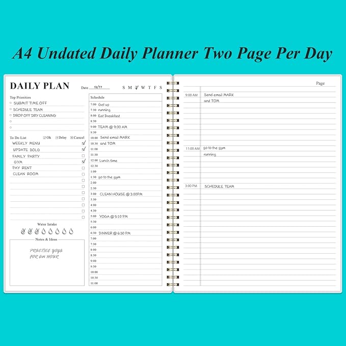 Daily Planner Undated - 8.5" x 11" To Do List Notebook Hourly Schedules, 150 Sheets/300 Pages Spiral Appointment Planner for Women and Men,PVC Hardcover, Inner Pocket, Elastic Closure, Teal Flowers