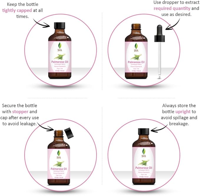 SVA Palmarosa Essential Oil – 4 Fl Oz – 100% Natural Palmarosa Oil - for Diffuser, Hair Care, Face, Skin Care, Aromatherapy, Scalp and Body Massage, Soap and Candle Making – with Dropper